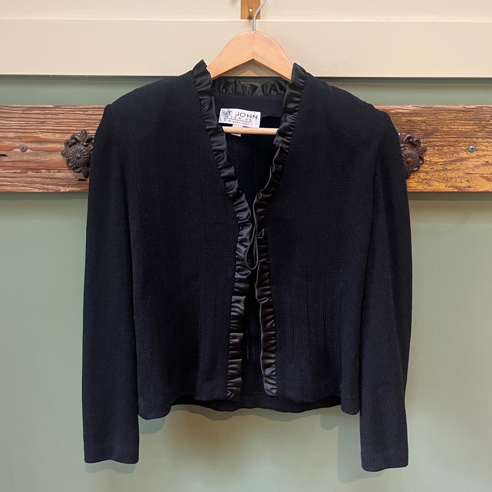 St John Evening Marie Gray Black Santana Knit Ruffle Trim Cardigan Jacket 2